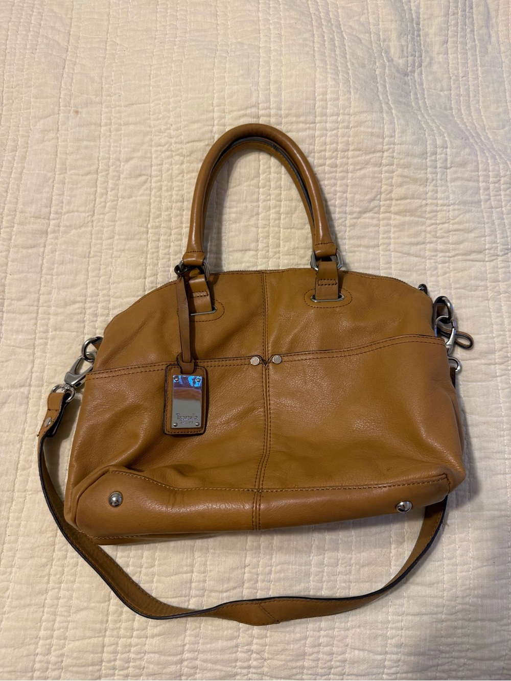 Leather Crossbody Satchel in Tan with Top Handles